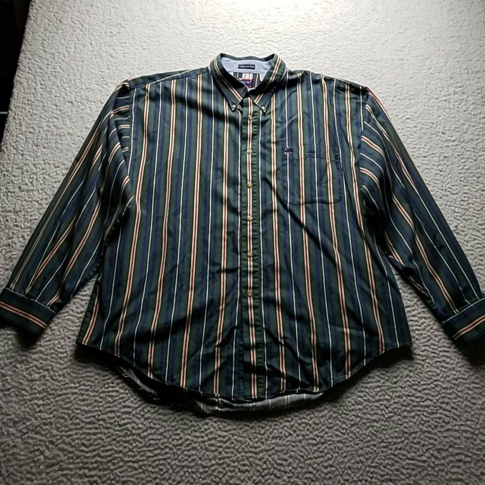 Bugle Boy Shirt Mens 2XL Green Stripe Long Sleeve Button-Down Pocket Vintage